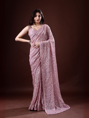 odette Embellished Saree with Attached Blouse Georgette Saree(Pink)