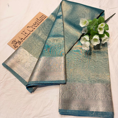 AHCREATION Self Design Banarasi Tissue Saree(Light Blue)