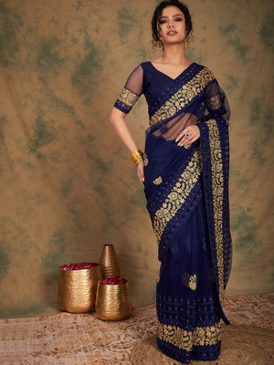 manvaa Embroidered Bollywood Net Saree(Dark Blue)