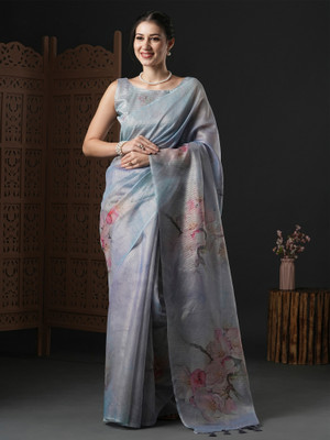 Sareemall Floral Print Bollywood Organza Saree(Grey)