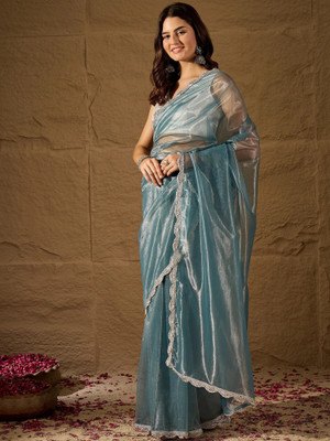 AVANSHEE Solid/Plain Bollywood Net Saree(Light Blue)
