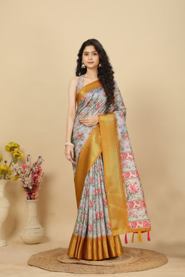 HouseOfCommon Self Design, Checkered, Printed Madhubani Cotton Silk Saree(Multicolor)