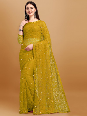 LOROFY Embellished Bollywood Net Saree(Mustard)