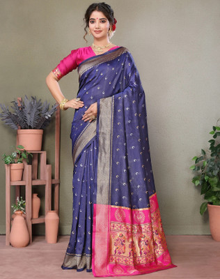YASHIKA Self Design Kanjivaram Silk Blend Saree(Dark Blue)
