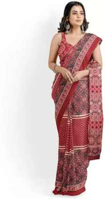 Kiaaron Hand Painted, Printed, Self Design, Blocked Printed Ikkat Pure Cotton Saree(Maroon)