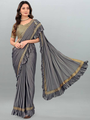 fentik.com Applique, Embellished, Paisley, Self Design, Solid/Plain Bollywood Lycra Blend Saree(Grey)