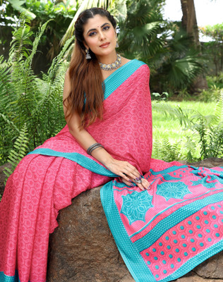 YASHIKA Self Design, Printed Bollywood Tussar Silk Saree(Pink, Blue)