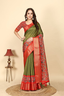 J6 Designers Checkered Bollywood Cotton Silk Saree(Green, Orange)