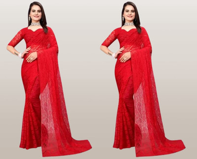 Vragi Self Design Bollywood Net Saree(Pack of 2, Red)