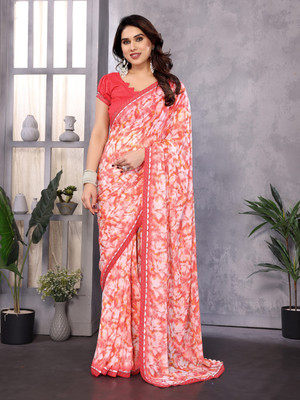 TTH Printed Bollywood Georgette Saree(Red, White)