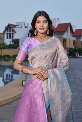 SATYAM WEAVES Woven Banarasi Jacquard Saree(Cream)