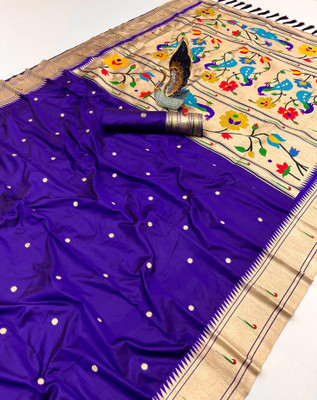 PANZORA Woven Paithani Cotton Silk Saree(Dark Blue)