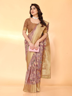 Moda Rapido Digital Print Banarasi Cotton Silk Saree(Purple)