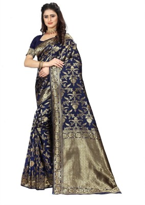AMK FASHION Self Design, Woven, Embellished, Floral Print, Solid/Plain Banarasi Silk Blend, Jacquard Saree(Dark Blue)