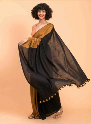HouseOfCommon Solid/Plain Handloom Cotton Silk Saree(Gold)
