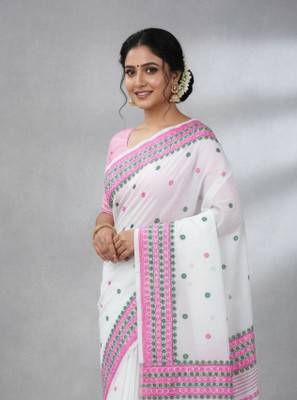 Anugrah Textile Embroidered Banarasi Lycra Blend, Chiffon Saree(White, Pink)