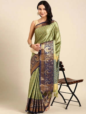 HouseOfCommon Woven, Checkered, Embellished, Self Design Dharmavaram Jacquard, Cotton Silk Saree(Light Green)