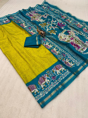 2SD gratitude Printed Kalamkari Cotton Linen, Dupion Silk Saree(Yellow)