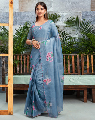 Divastri Floral Print, Embroidered Kota Doria Silk Blend Saree(Blue, Multicolor)