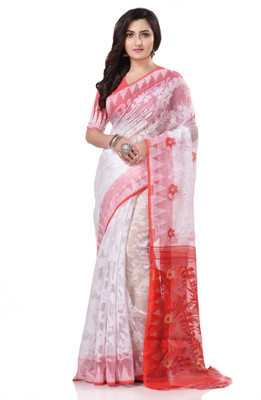 Desh Bidesh Woven Handloom Pure Cotton Saree(Red, White)