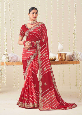 Laxmipati sarees Embroidered Saree with Attached Blouse Chiffon Saree(Red, Gold)