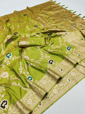 PANZORA Printed Banarasi Cotton Silk Saree(Light Green)