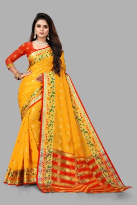 RM Fashion Printed Banarasi Cotton Silk Saree(Yellow)
