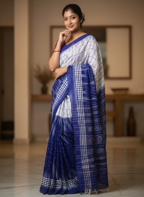 Sharxmi Legacy Woven Handloom Cotton Jute Saree(Blue, White)