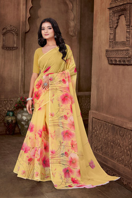 HIYAMI Floral Print Bollywood Georgette Saree(Yellow)