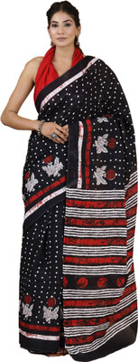 hastshilpi Printed, Color Block, Blocked Printed, Floral Print, Dyed Daily Wear Pure Cotton Saree(Black)