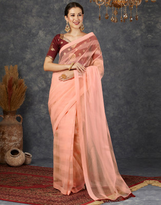 Samah Dyed, Woven, Embellished Bollywood Net Saree(Pink)