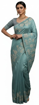 Sindhav fashion Applique Saree with Attached Blouse Chiffon Saree(Light Blue)