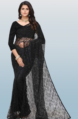 NEXA Solid/Plain Bollywood Net Saree(Black)
