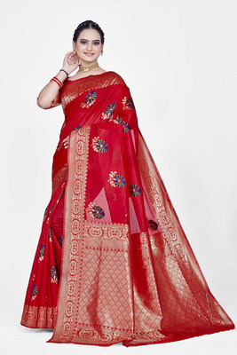 Homigoz Woven Banarasi Silk Blend Saree(Red)