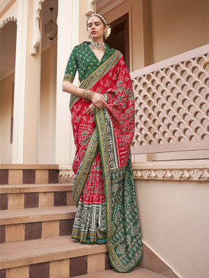 Elora Printed Patola Silk Blend Saree(Red)