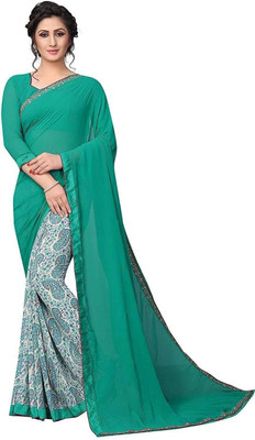 RAJESHWAR FASHION Printed, Self Design, Floral Print Bollywood Georgette Saree(Light Green, White)