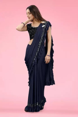 Paanthcreation Self Design Bollywood Lycra Blend Saree(Blue)