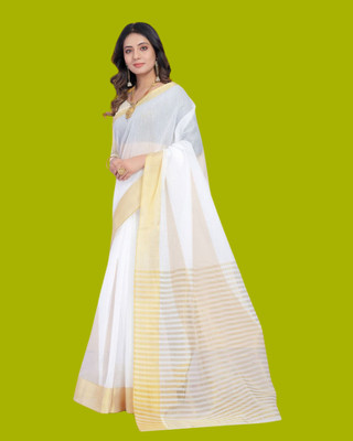 shree laxmi Woven Kasavu Pure Cotton Saree(White)