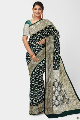 Ansari fabrik Woven Banarasi Handloom Satin Saree(Dark Green)