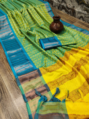 VRINDITA FASHION Embellished Kanjivaram Cotton Silk Saree(Light Green)