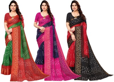 Hema Silk Mills Printed Bandhani Cotton Blend Saree(Pack of 3, Green, Dark Blue, Red)