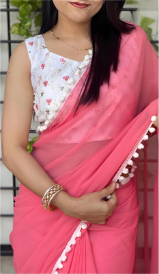 HIJA TRENDZ Solid/Plain Bollywood Georgette Saree(Red)