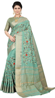 SERONA FABRICS Printed, Embroidered Bollywood Cotton Silk Saree(Green)