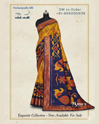BNK Woven Pochampally Cotton Silk Saree(Yellow, Blue)