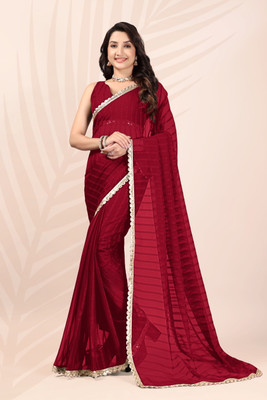 RudraEthnic Striped Daily Wear Chiffon Saree(Red)