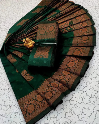 RASVRITI Printed Kanjivaram Pure Silk, Art Silk Saree(Green)