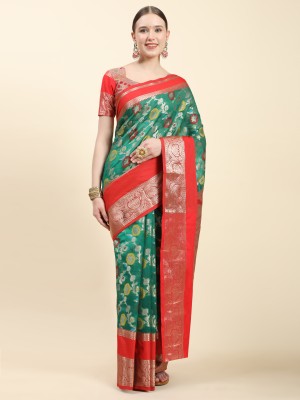 ZILVIRA Woven, Applique, Embellished, Dyed Paithani Jacquard, Art Silk Saree(Green)