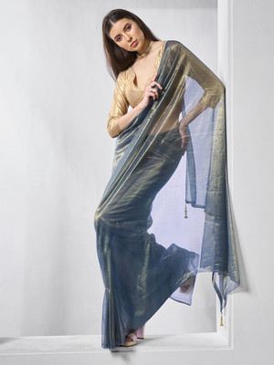 Kalista Solid/Plain Bollywood Tissue Saree(Blue)