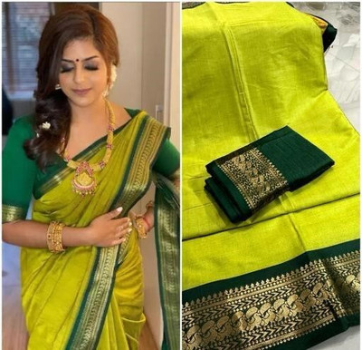 Paramparik Textile Woven Gadwal Cotton Silk Saree(Green)