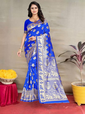 Pervas Woven, Self Design Kanjivaram Silk Blend, Cotton Silk Saree(Blue)